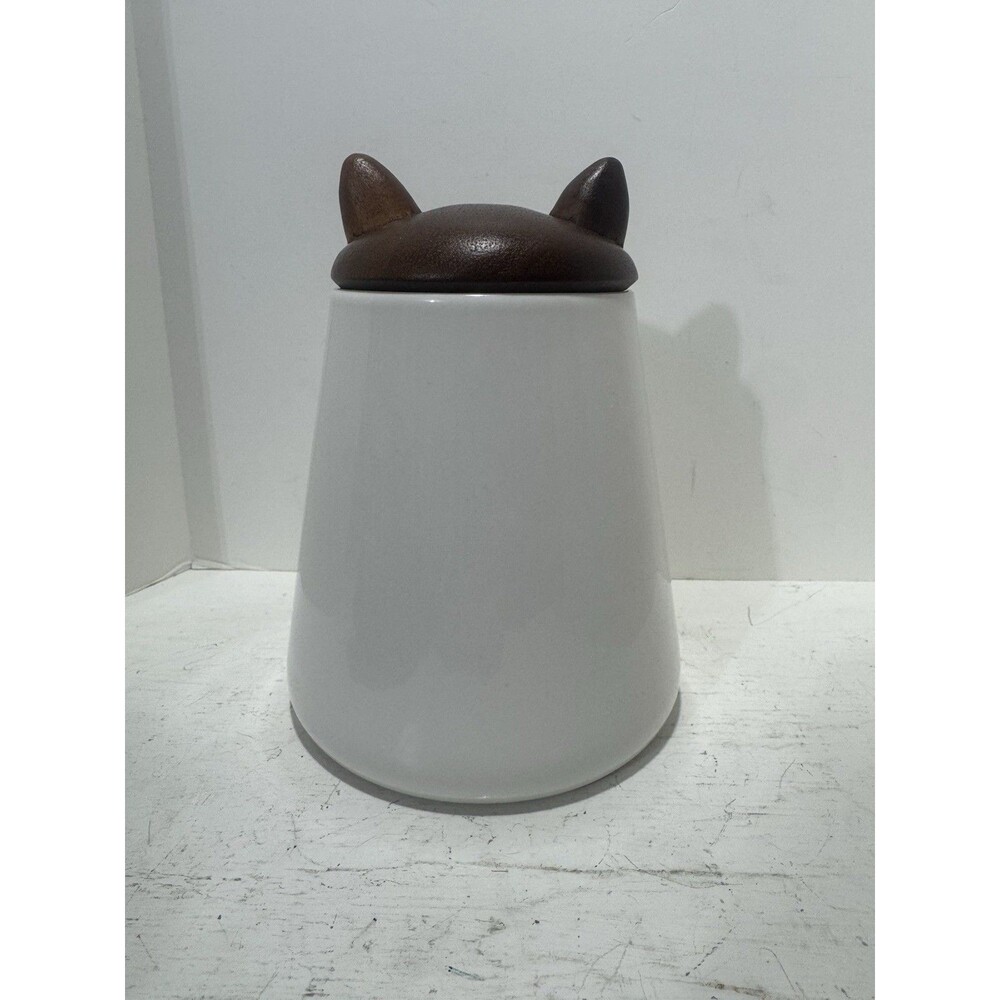 Nambé Pet Cat Treat Jar Karim Rashid Storage Container 7” Tall Wood Lid Kitty